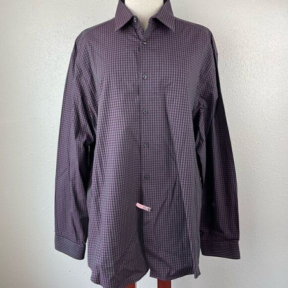 Calvin Klein Purple and Black Slim Fit Stretch Button Down Short Size 17.5 EUC - Picture 1 of 7
